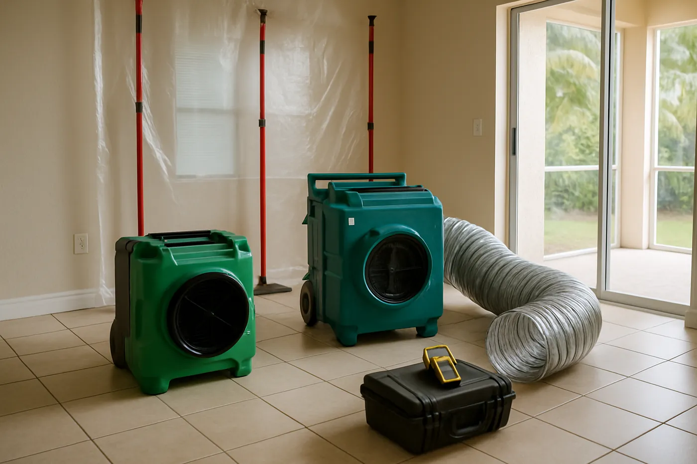 HEPA filtration and containment equipment staged for mold removal in Venice